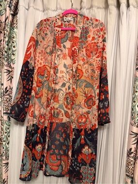 Floral Open-Front Kimono Wrap - Cream, Red & Black